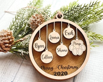 Pet and People Our Family Christmas Ornament Cherry or Blue Green Personalized People /& Paw Print combo with Maple and Walnut Red