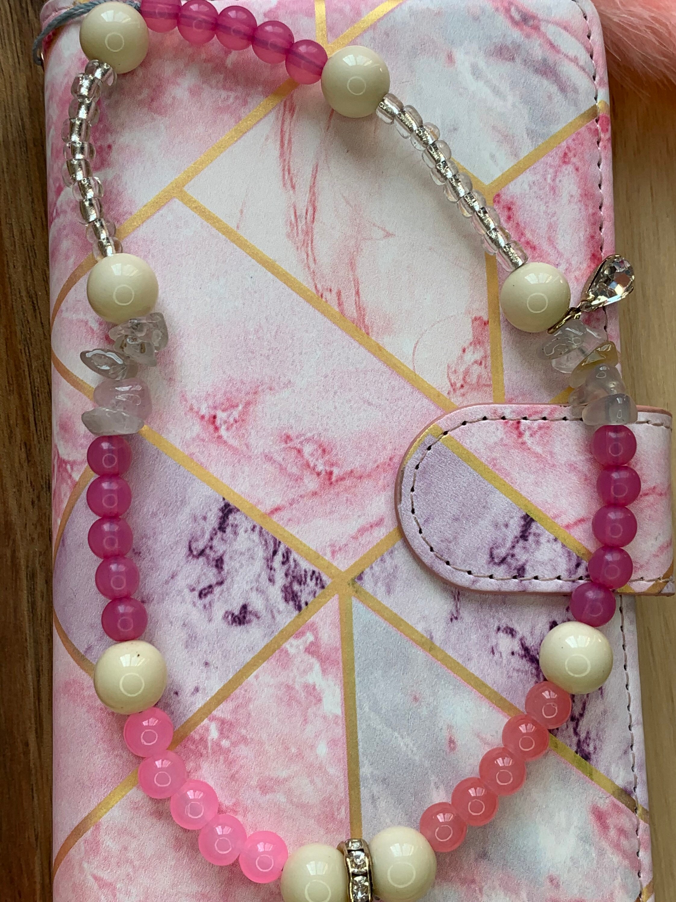 Beaded phone strap charm pink jade silver white gemstone | Etsy