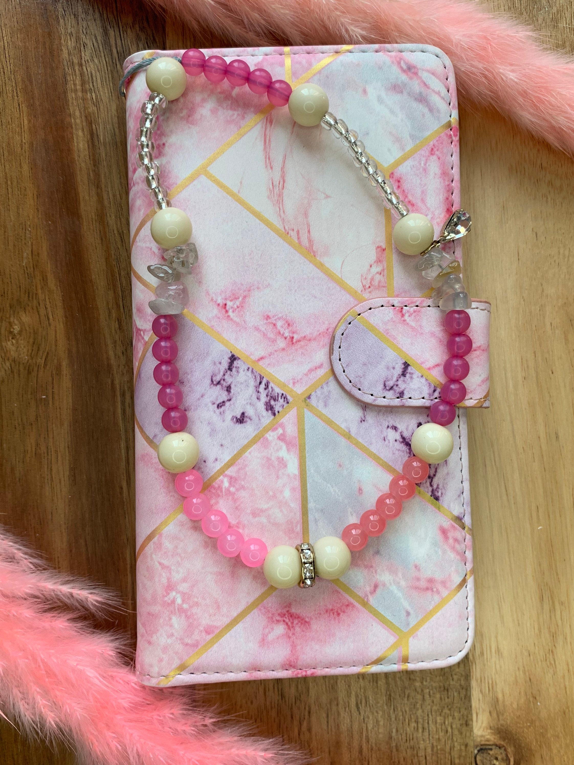 Beaded phone strap charm pink jade silver white gemstone | Etsy