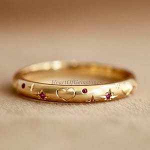 Heartburst Celeste Star Engraved Ruby Band, 14k Solid Gold Star Celestial Wedding Ring Dainty Pave Eternity Bands Anniversary Gift