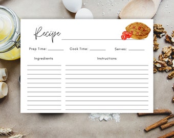 Apple pie recipe card template, printable recipe page, simple recipe cards 7x5