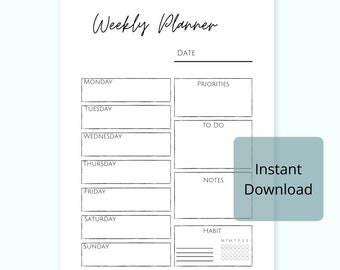 Weekly planner, planner printable, instant download, productivity planner, A5 planner insert, PDF