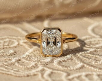 Emerald Cut Bezel Engagement Ring Minimalist Solitaire Gold Ring Diamond Simulant CZ Ring Emerald Cut Wedding Ring Anniversary Gift for her