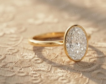 Oval Cut Lab Grown Diamond Bezel Set Ring, 14K Solid Gold Solitaire Wedding Ring, Bezel Set Engagement Ring , Birthday Gift For Her