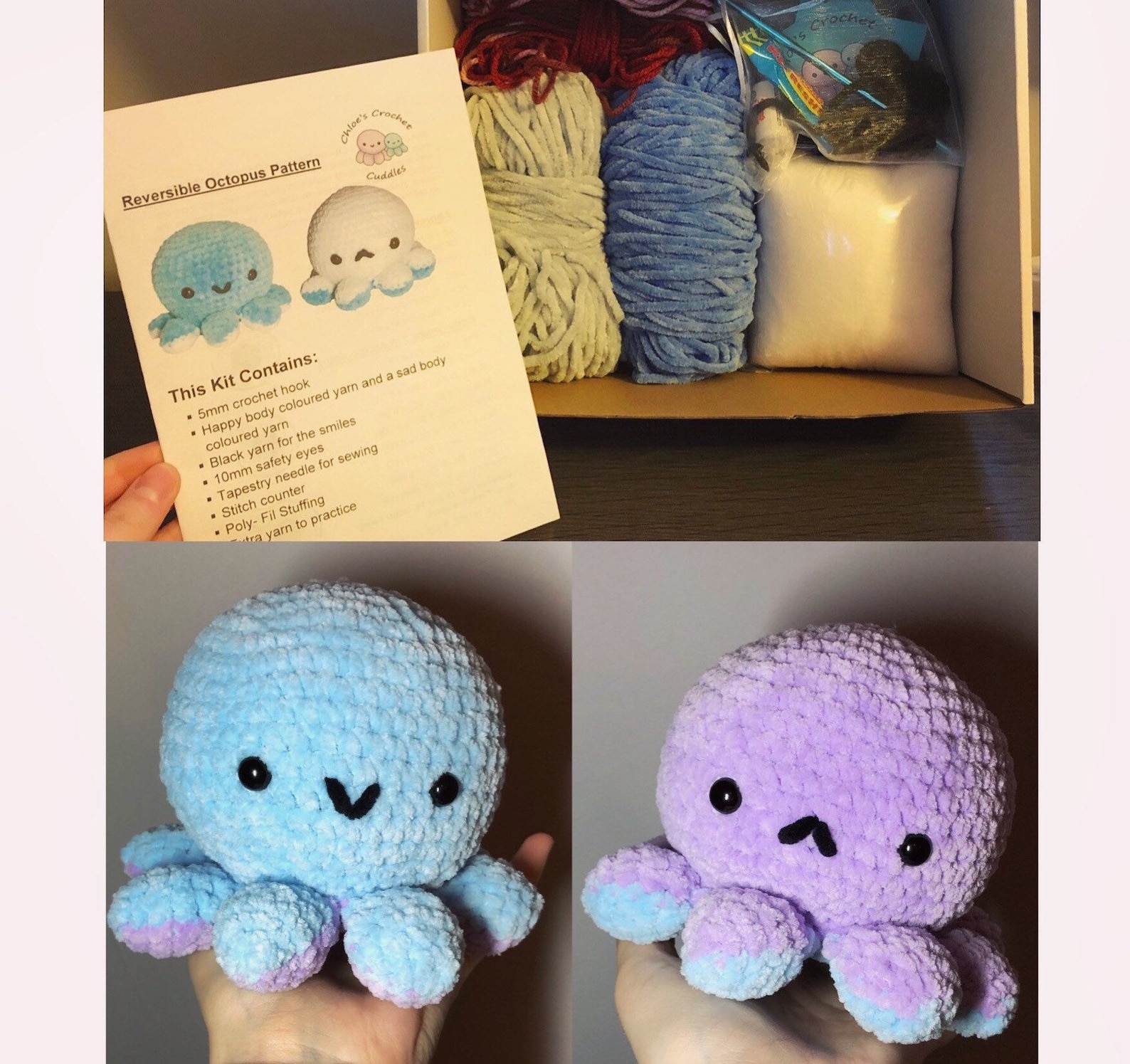 crochet kit contents and pattern for a crochet reversible octopus