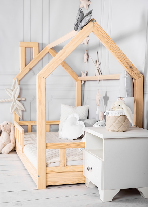 Mit , Shipping Montessori Toddler - Rausfallschutz Floor Bed Kinderbett Lattenrost, Etsy Hausbett Lattenrost, Lit Israel Fast Und Cabane House,