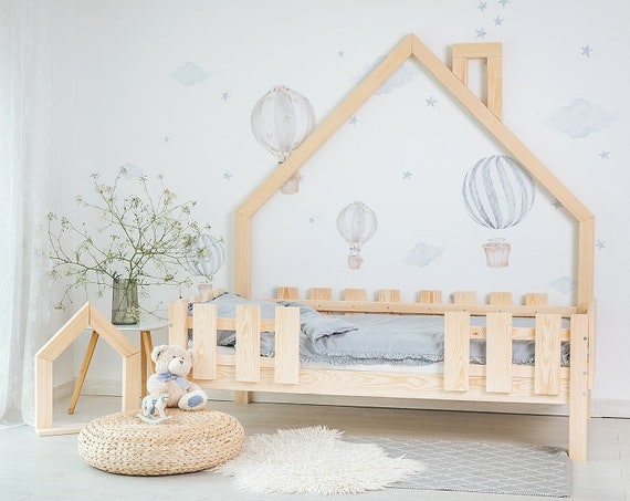 Hausbett Kinderbett Mini - Letto Mit Lattenrost, Toddler Zaun Naturholz Und Lit Cabane , Bambini, 5 Bed Etsy Rausfallschutz per