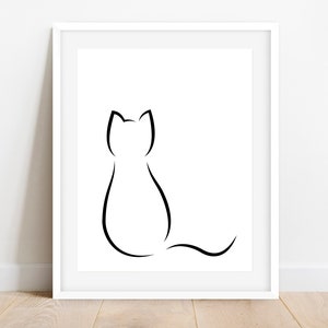 Cat Print, Cat Printable, Black Cat Line Art Print, Black White Print ...