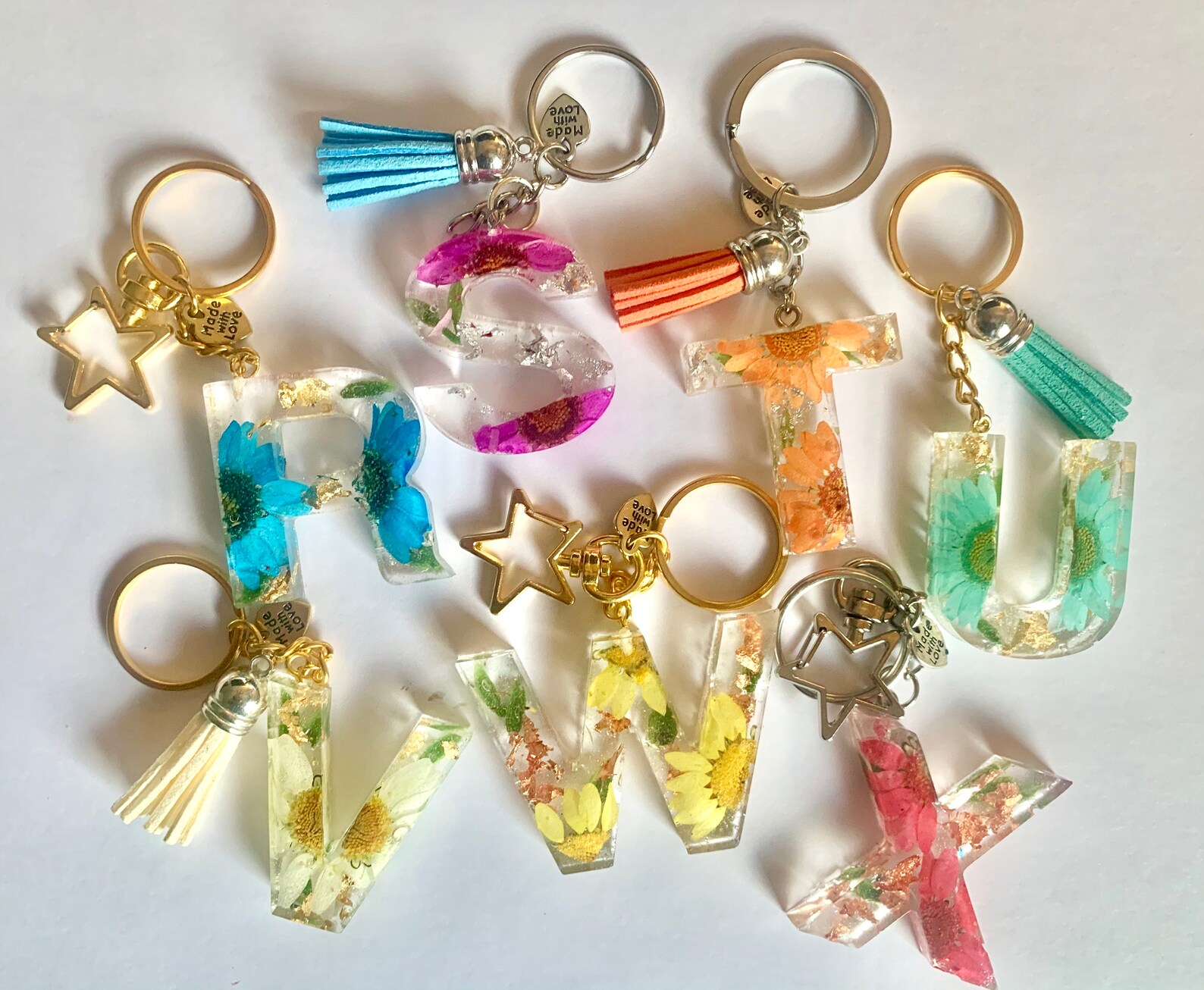 Resin Real Flower Keychain Letters with tassel or Star Gift Etsy