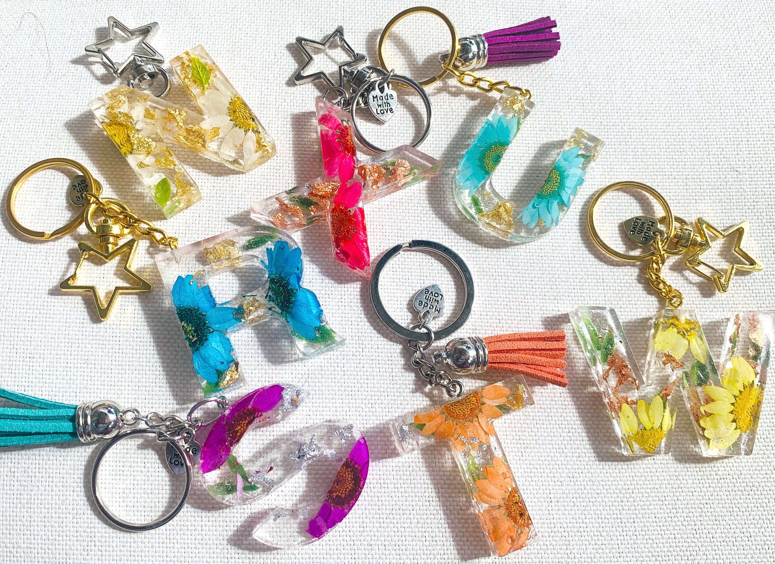 Resin Real Flower Keychain Letters with tassel or Star or Gummy Bear …