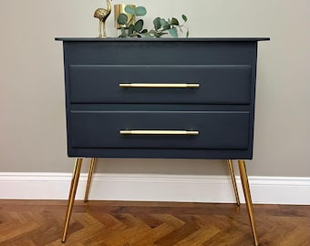 SALE ** Mid century modern grey chest of drawers with gold tapered legs