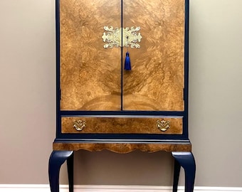SOLD ** Art deco walnut drinks cabinet , Queen Anne cocktail cabinet