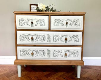 SALE ** Cream Folk Chest of Drawers, hand painted design in green