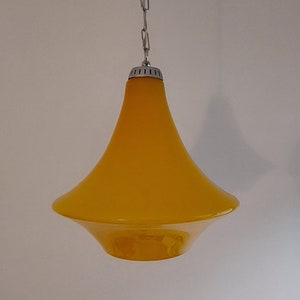 Mid Century Cased Glass Ceiling Light / Opal Glass Pendant Light / warm Yellow / Adjustable Hanging Lamp / Made in Yugoslavia / 70s