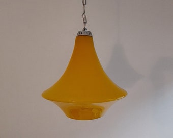 Mid Century Cased Glass Ceiling Light / Opal Glass Pendant Light / warm Yellow / Adjustable Hanging Lamp / Made in Yugoslavia / 70s