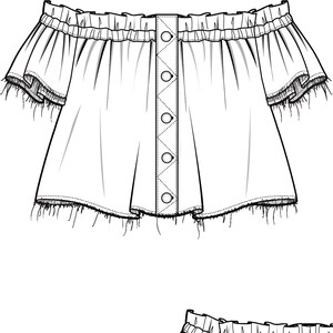 Può includere: Un disegno in bianco e nero di un top Bardot con chiusura a bottone. Il top ha una scollatura a balze e maniche corte. Il testo "THE FASHION ETC" e "BARDOT TOP" è scritto in nero.