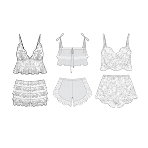 May include: A collection of three matching lingerie sets. Each set includes a camisole top and a pair of shorts. The tops feature delicate straps and lace detailing. The shorts have ruffled or lace hems. All pieces are in a light color with floral patterns.