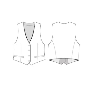 May include: A white sleeveless vest with a V-neckline and button closure. The vest has two pockets on the front and a pointed back.