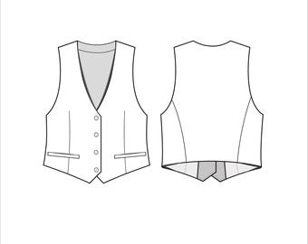 May include: A white sleeveless vest with a V-neckline and button closure. The vest has two pockets on the front and a pointed back.