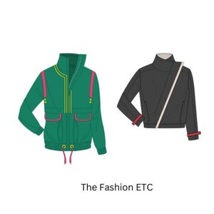 May include: Two jackets are displayed on a white background. The first is a green jacket with pink accents and yellow trim. The second is a black jacket with a white diagonal stripe and red cuffs. The text "The Fashion ETC" is below the jackets.