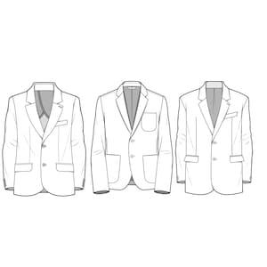 Op de afbeelding: Drie verschillende stijlen blazers, elk met een enkele rij knopen en twee klepzakken. De blazers zijn allemaal lichtgrijs.