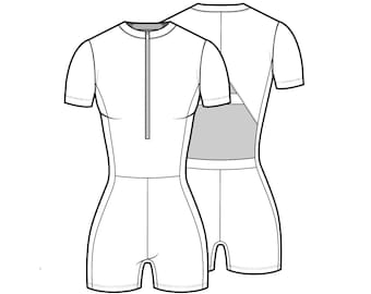 Puede incluir: Un body blanco de manga corta con cremallera frontal. La vista trasera muestra un diseño recortado. La prenda tiene una silueta ajustada, con shorts cortos y cuello redondo. El diseño es un dibujo técnico, ideal para moda.
