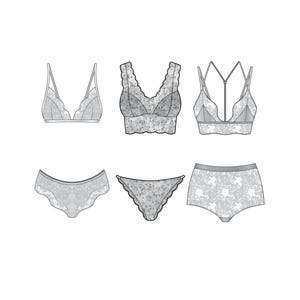 Puede incluir: Conjunto de lencería gris, que incluye sujetadores y ropa interior. Los sujetadores presentan delicados detalles de encaje y diseños de tirantes variados. La ropa interior incluye un tanga, una braga y un short, todos con patrones de encaje a juego.