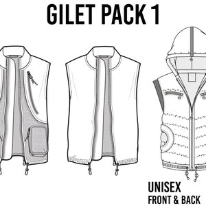 May include: A pack of three sleeveless jackets, or gilets, in a unisex design. The first gilet is a simple, zippered design. The second gilet has a quilted design with a zipper closure. The third gilet has a hooded design with a quilted front and a zipper closure. The text "GILET PACK 1" is at the top of the image. The text "UNISEX FRONT & BACK" is at the bottom of the image.
