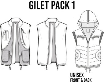 Outerwear Gilet Pack 1_CAD Technical Drawing Template_Adobe Illustrator