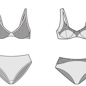 May include: Two sets of lingerie, one with a mesh bra and a solid bottom, the other with a lace bra and a lace bottom.