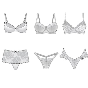 May include: A collection of six lingerie pieces in a grayscale palette. The set includes three bras with varying designs, including lace and gingham patterns, and three matching underwear styles, such as a boy short, a thong, and a ruffled design.