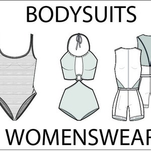 May include: Three different styles of bodysuits. The first is a striped bodysuit with a scoop neck. The second is a light blue bodysuit with a halter neck and a cutout in the back. The third is a white bodysuit with a scoop neck and a black trim. The text "BODYSUITS" is at the top of the image and "WOMENSWEAR" is at the bottom.