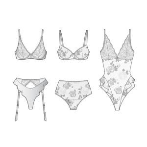 May include: A collection of lingerie pieces in a line drawing style. The set includes two bras, a bodysuit, a garter belt, and a pair of high-waisted briefs. The lingerie features lace and floral patterns, with a color palette of white and gray.