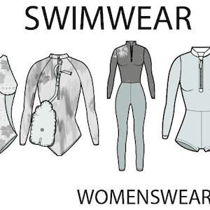 Puede incluir: Cuatro estilos diferentes de trajes de baño, incluyendo un traje de baño de una pieza con estampado floral, un rashguard de manga larga con cremallera, un traje de neopreno de manga larga con cremallera y un traje de neopreno de manga larga con cremallera y bolsillo. El texto "SWIMWEAR" está en la parte superior de la imagen y el texto "WOMENSWEAR" está en la parte inferior de la imagen.