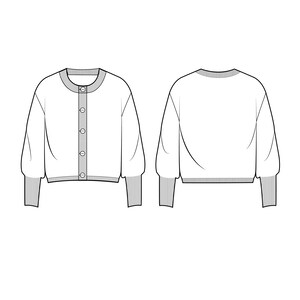 May include: A white cropped cardigan with a button-up front and long sleeves. The cardigan has a ribbed trim around the cuffs and hem.