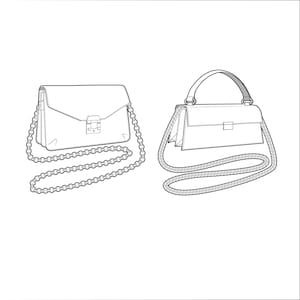 May include: Two handbags are shown in a line drawing. The first is a rectangular crossbody bag with a chain strap and a clasp closure. The second is a handbag with a top handle and a chain strap.