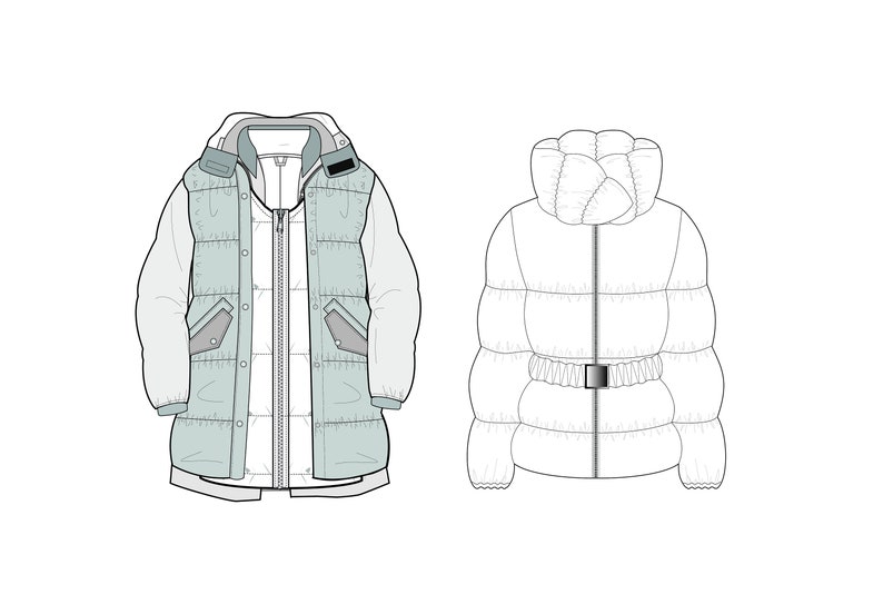 Puffer Jacket Set 1_CAD Technical Drawing Template_adobe Illustrator - Etsy