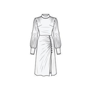 May include: A white long-sleeved dress with a high neck and a button detail down the front. The dress has a fitted bodice and a flowing skirt with a slit up the side.