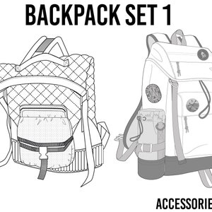 Op de afbeelding: Twee zwart-witte lijntekeningen van rugzakken. De rugzak aan de linkerkant heeft een gestikt ontwerp en een groot voorvak. De rugzak aan de rechterkant heeft een grote klep met een gespsluiting en een kleiner voorvak. De tekst "BACKPACK SET 1" staat bovenaan de afbeelding en de tekst "ACCESSORIES" staat onderaan.