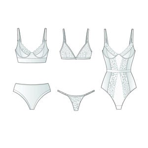 May include: A collection of white lingerie pieces, including a bra, a triangle bra, a bodysuit, a brief, and a thong. The lingerie features lace detailing and delicate straps. The design is a flat illustration.