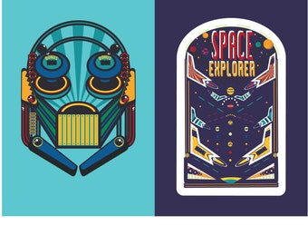 May include: Two colorful pinball machine illustrations. One features a blue, yellow, and red design with the word "BONUS" on the top. The other is a "SPACE EXPLORER" pinball machine with a space theme, featuring planets and rockets.