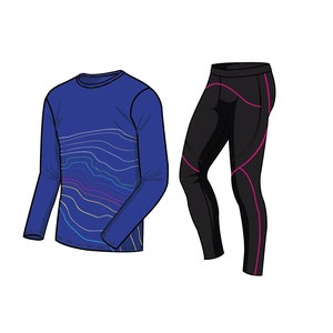 May include: A blue long-sleeved shirt with a wavy pattern and black leggings with pink accents.