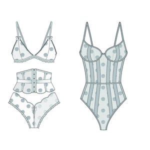 May include: Line art illustration of lingerie sets. One set includes a bra, corset, and panties, all with a polka dot pattern. The other is a one-piece bodysuit with vertical stripes and polka dots. Both sets are in a light blue color.