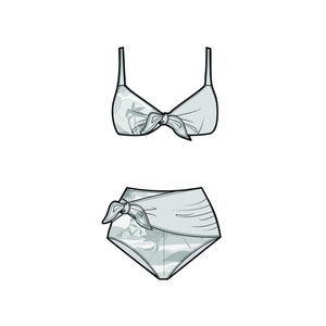 May include: A two-piece swimsuit with a light blue and white patterned design. The top is a triangle style with a tie at the center. The bottom is a high-waisted style with a tie at the side.