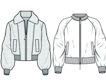 May include: Two women's jackets, one is a white bomber jacket with a ribbed collar and cuffs, the other is a light gray sherpa jacket with a zipper closure.