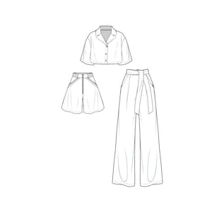 May include: A white cropped shirt with a collar and a white pair of wide-leg trousers with a belt.