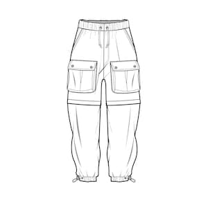 May include: A black and white line drawing of cargo pants with multiple pockets and a drawstring waist.
