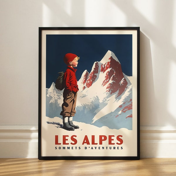 Affiche Les Alpes - Sommets d'Aventures // Illustration Néo-Vintage - Décoration Murale - Poster de Voyage - Paysage Alpin - Savoie Dauphiné