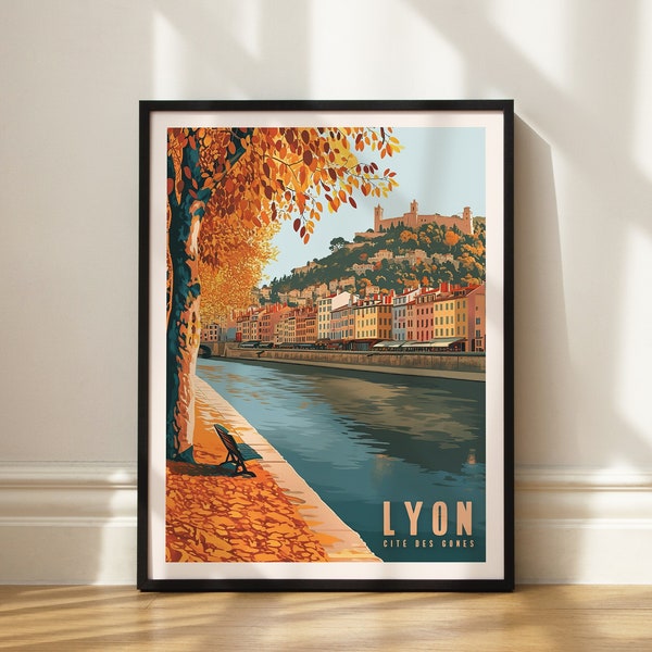 Affiche Rétro Lyon, Poster Vintage Paysage Urbain, Décoration Murale Rhône, Art Néo-Vintage, Cadeau pour Amoureux de Lyon