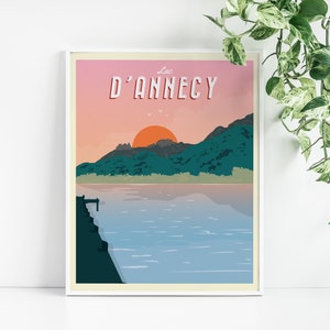 Affiche du Lac d'Annecy  - Haute-Savoie - Tableau de décoration murale - Poster Vintage